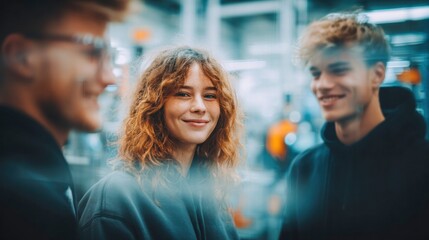 Three young friends are smiling, sharing a moment of joy and connection.