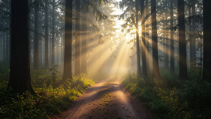 Obraz premium Sunbeams pierce misty forest creating a magical path for adventure and discovery