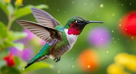 Fototapeta premium A hummingbird in flight near colorful flowers in a vibrant garden