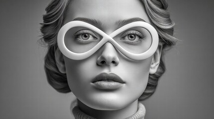 A striking black and white portrait of a woman with unique infinity glasses, beautifully lit. © NovaVision