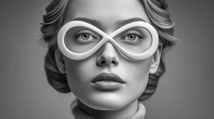 A striking black and white portrait of a woman with unique infinity glasses, beautifully lit. © NovaVision