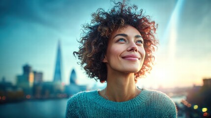 A smiling woman looks up at the sky with the London skyline visible.