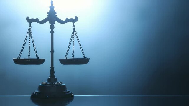 A close-up image showcases an ornate set of balancing scales, symbolizing justice and fairness. Bathed in a cool, blue light, the scales stand as a representation of legal balance and equity.