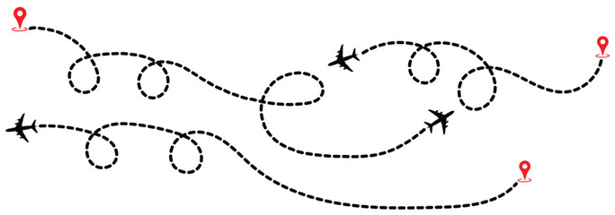 Airplane Plane routes line set. Planes dotted flight pathway. Plane paths. Aircraft tracking, planes, travel, map pins, location pins. Start point line trace and plane routes. Airplane Map Route Icon 