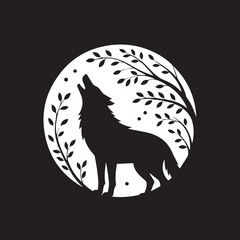 black and white silhouette wolf howling at full moon with surrounding branches and leaves isolated vector design