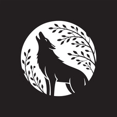 howling wolf silhouette under moonlight with leafy branches black and white wildlife nature vector illustration