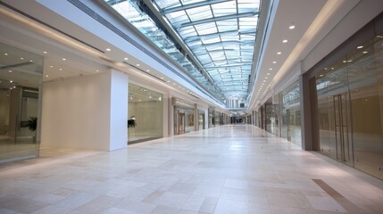 Modern Shopping Mall Interior with Skylight and Empty Storefronts, Providing an Open and Bright Atmosphere