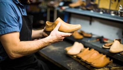 A man in a blue shirt and black apron holds a tan leather shoe in his hands in a workshop with other shoes on a shelf.