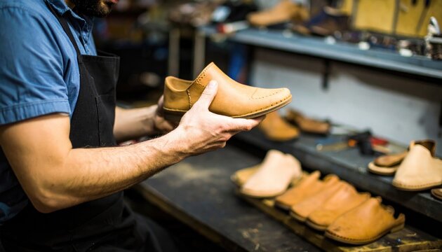 A man in a blue shirt and black apron holds a tan leather shoe in his hands in a workshop with other shoes on a shelf.
