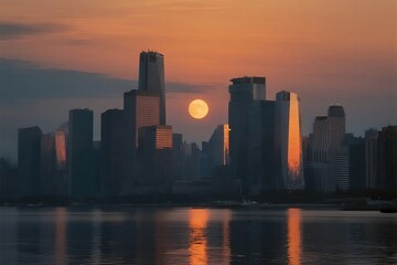 Obraz premium Golden Full Moon Rising Over Urban Skyscrapers at Sunset