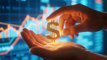 Human Hand Holding Shiny Dollar Symbol Over Stock Chart Background