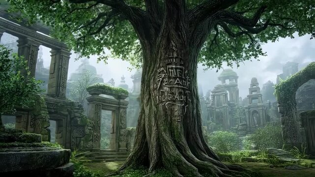 Lush overgrown ruins of a forgotten civilization