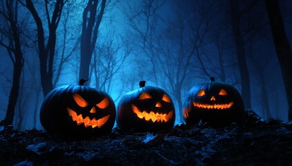 Three lit pumpkins in a dark, spooky forest, illuminated faces