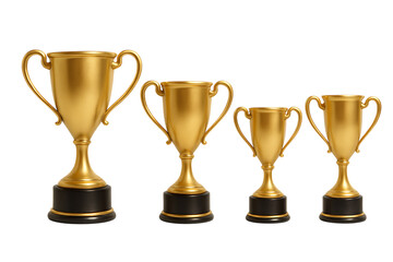 Four gleaming golden trophies of varying sizes arranged from largest to smallest on a transparent background isolated on transparent background