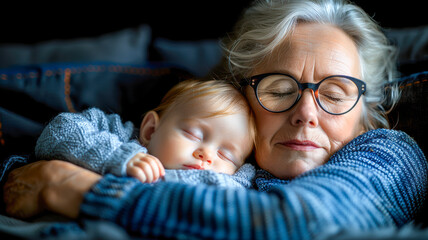 Elderly woman embracing sleeping baby in cozy setting, showcasing warmth and affection