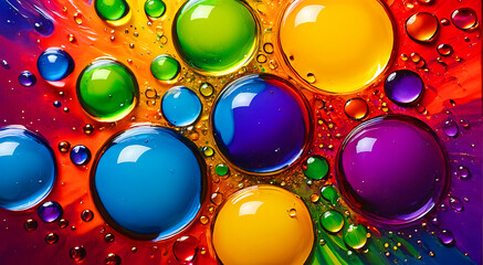 Vibrant Rainbow Colored Oil Bubbles on a Colorful Swirled Background: Abstract Macro Photography