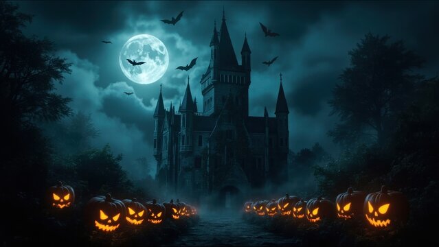 A spooky castle with many Halloween carved pumpkins, jack-o'-lanterns, and bats in the sky under a full moon, with a foggy and mystical atmosphere. Concept of a scary holiday - Powered by Adobe
