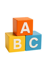 Three colorful wooden alphabet blocks stacked together with letters a b and c displayed isolated on transparent background