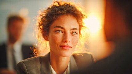 A professional woman smiles, bathed in golden sunlight, during a business meeting with a warm expression.