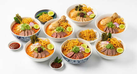 nothern thai food , spice curry nood soup with chicken beef collection isolated on white background