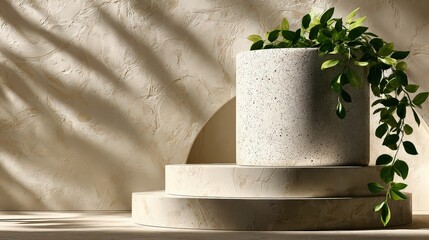 A minimalistic arrangement featuring a textured planter with trailing greenery against a softly illuminated wall, perfect for home decor, gardening articles, or wellness-themed content,