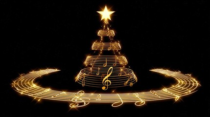 A glowing musical tree made of notes and stars, set against a black background, symbolizes creativity and celebration, Ideal for music events, holiday cards, or festive promotions,
