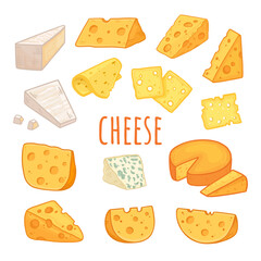 Cheese in flat style, food illustration. Slice of cheese isolated on white. Different types of cheese. Vector illustration
