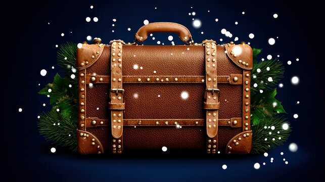 A vintage leather suitcase adorned with decorative studs is surrounded by pine branches and light snowflakes, creating a festive atmosphere ideal for holiday travel campaigns or seasonal marketing,