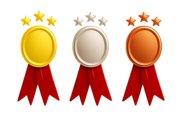 Three shiny award medals with red ribbons and stars representing first second and third place isolated on transparent background