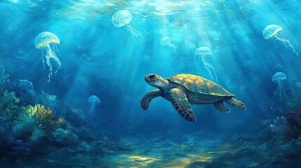 An underwater scene featuring a sea turtle swimming gracefully among jellyfish, illuminated by soft sunlight filtering through the water
