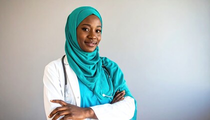 A Black woman wearing a teal hijab and a white doctor's coat stands with her arms crossed, looking at the camera.