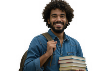 Smiling student with books and backpack on black background
