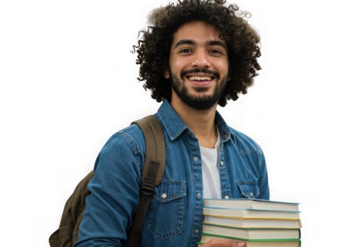 Smiling young man with curly hair holding books and backpack