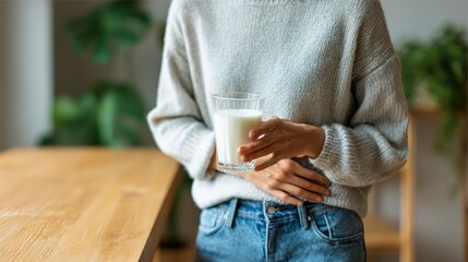 Obraz na płótnie Canvas Woman holding glass of milk feeling abdominal discomfort, possibly due to lactose intolerance or digestive issue
