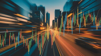 Abstract financial data overlay on a blurred cityscape at night