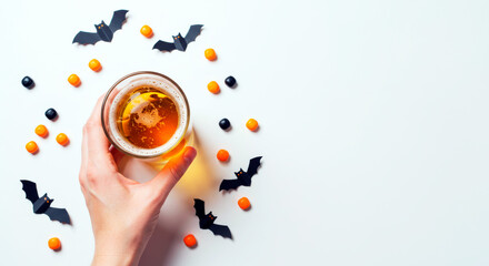 Halloween party with a hand holding a beer glass, bats, and candy on a white background, top view flat lay