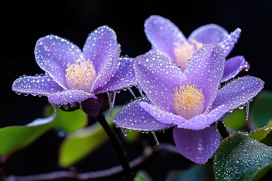 Close-up of purple flowers covered in water droplets. - Powered by Adobe