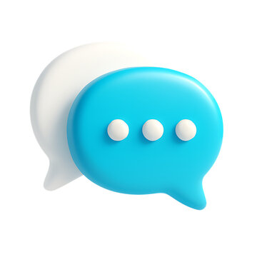 Three dimensional blue and white speech bubbles with ellipsis dots isolated on transparent background