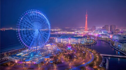 Aerial View of Illuminated Ferris Wheel and Urban Skyline at Night, Featuring Cityscape