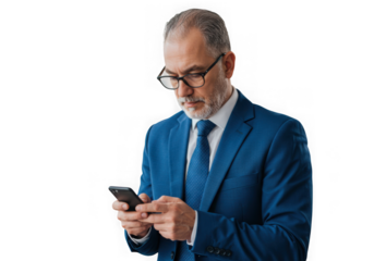 Mature businessman in a blue suit using his smartphone on transparent background