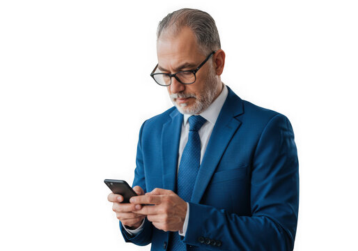 Mature businessman in a blue suit using his smartphone on transparent background