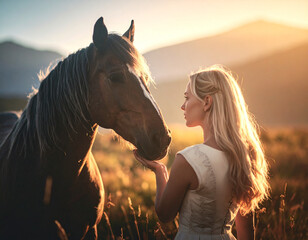 A beautiful woman with long blonde hair gently touches a brown horse in a field, bathed in the tranquil, golden light of a setting sun. Conveys connection and natural beauty.