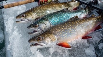 Obraz premium Three colorful trout lay on a bed of ice after being caught during a winter fishing trip on a frozen lake. Fishing gear is visible in the background, signaling a successful outing.