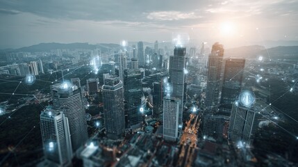Modern Cityscape Aerial View with Digital Network Overlay Representing Connectivity and Technological Advancement at Dusk