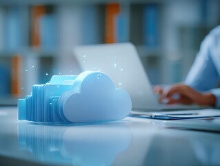 Cloud computing and storage. Remote accessing folders and files in data server. Document management system DMS. Businessman typing on laptop computer keyboard at desk in office.