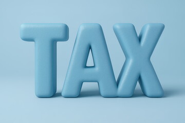 Concept of financial obligations, fiscal policy, and government revenue generation. Illustration of the word 'tax' in blue against a blue background. 