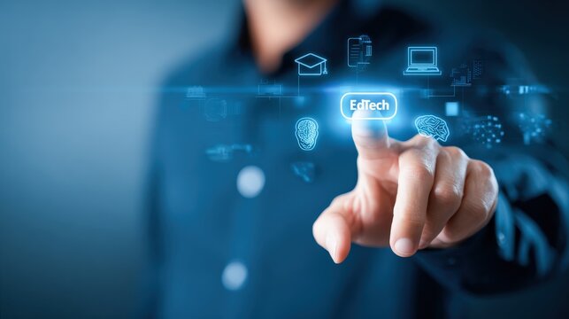EdTech Innovation: Man Interacting with Digital Education Interface, Future of Learning and Technology Integration