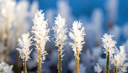 Close-up of frost-covered plant stems against a blurred blue background.
