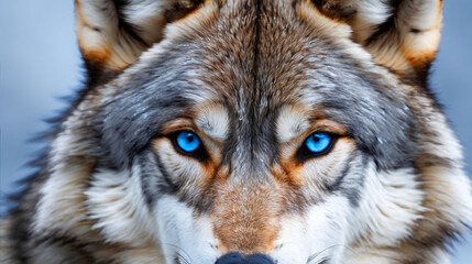 Close-up of a Wolf with Piercing Blue Eyes and Gray Fur