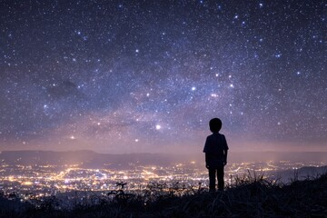 Fototapeta premium Child Gazing at the Starry Night Sky Above a City, Contemplating the Universe and Future